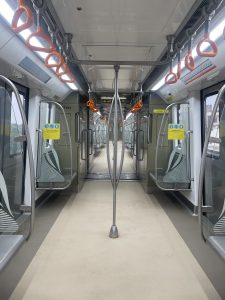 Inside an empty coach of Kanpur Metro.