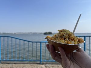 Lake Bara, Bhopal: Indian savory snack, enjoyed lakeside, a perfect blend of flavors by nature.
