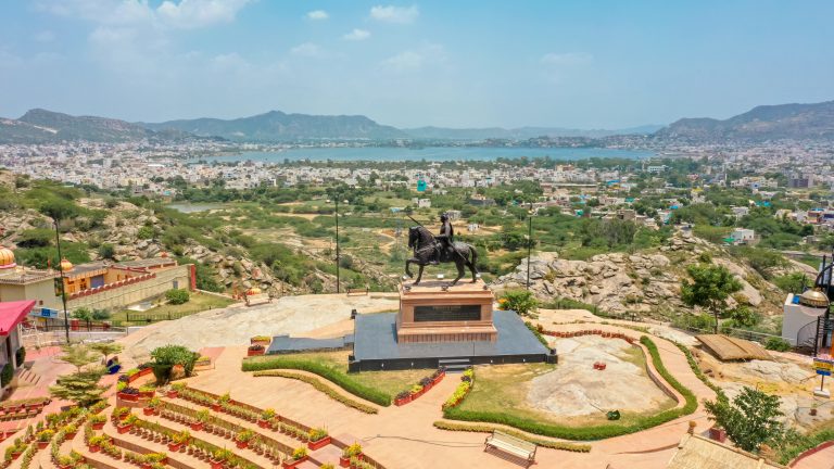 A distant view of the Statue of Maharana Pratap.