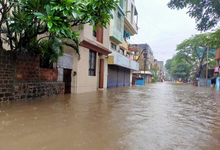 A photo captured during the flood in Kolhapur city, India. Roads are closed as the flood levels have significantly risen.