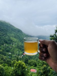 A hand holding a clear mug with tea. There are mountains in the background.
