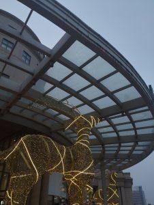 A reindeer shaped light decoration with a twilight sky background.