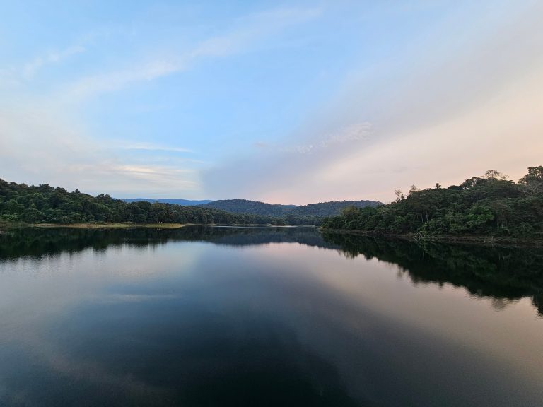 View of a reservoir of a dam with lush green forest and mountains in the background. Peechi, Thrissur, Kerala.