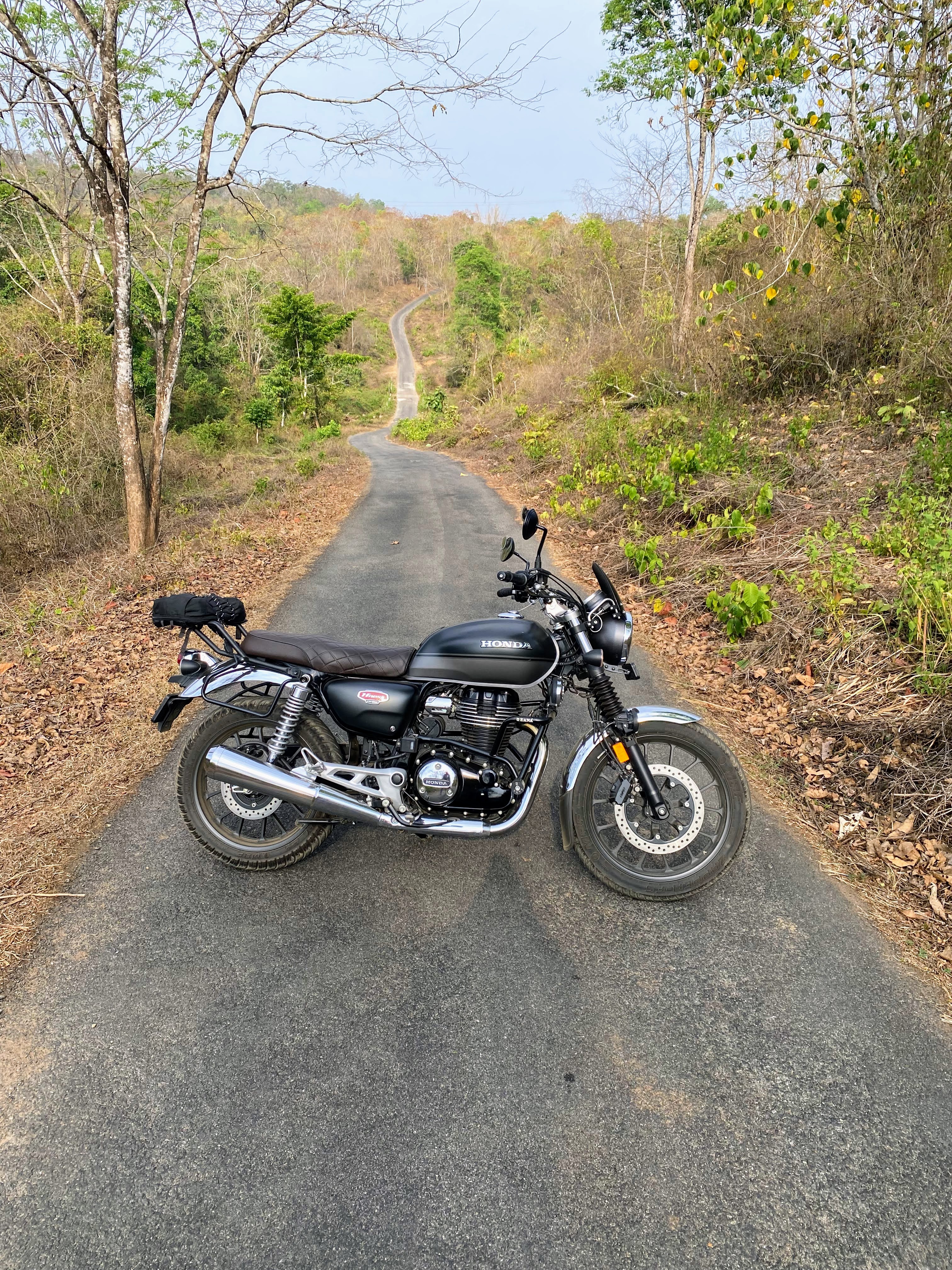 A lone motorbike stands amidst the endless road in the heart of the forest.