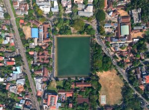 Aerial view of Mananchira Kulam. It is a man-made freshwater pond park situated in the center of the city of Kozhikode, Kerala.