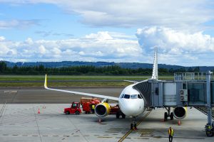 Commercial airplane surrounded by ground crew, getting it ready to be boarded, with green forest in the back