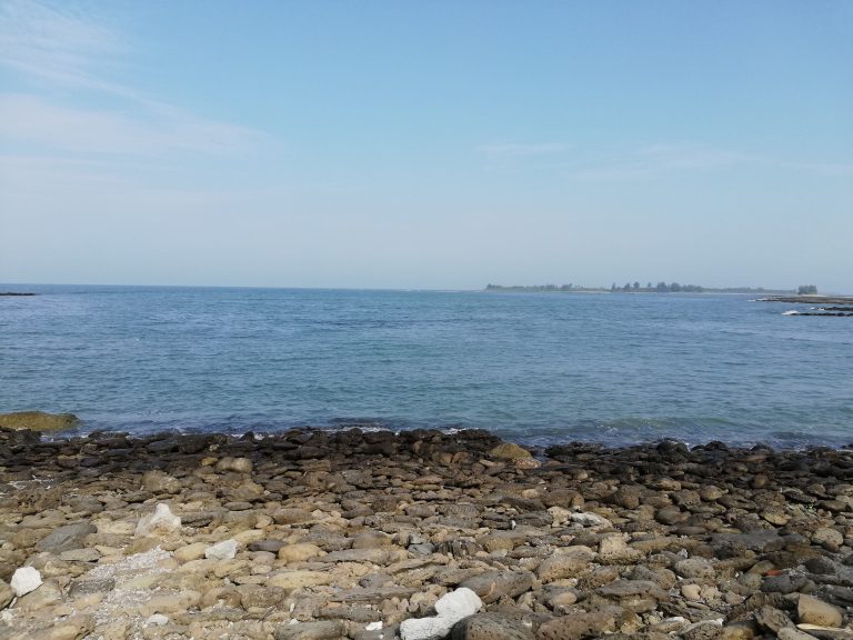 Rocky shoreline leading to a calm blue sea under a clear sky, with a small landmass visible on the horizon. St. Martin beach