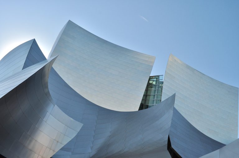 Silver metal panels of the Walt Disney Concert Hall in Los Angeles