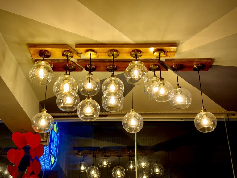 Traditional filament bulb lighting in the restaurant