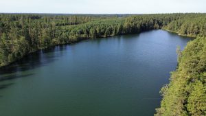 Drone picture, Lithuania in summer. Lake from the sky