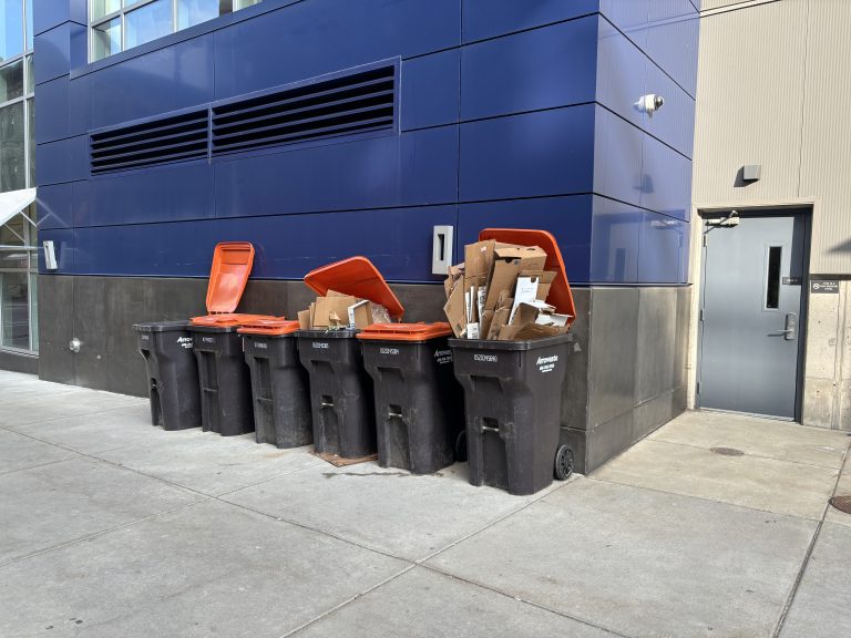 Recycle bins stuffed with cardboard.