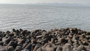 View larger photo: Marine Drive Mumbai, anti-erosion stones on the beach, looking across the bay to Mumbai.