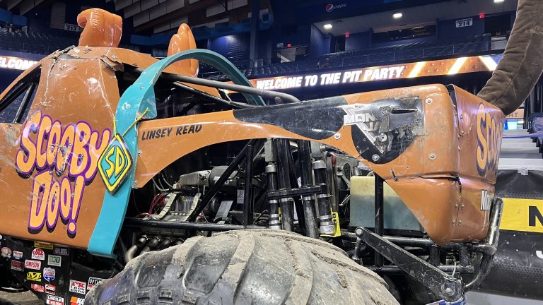 Driver’s side rear corner view of Scooby Doo! Monster Jam monster truck, driven by Linsey Read (Allstate Arena, Rosemont, Illinois)