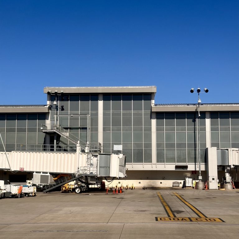 Terminal 2 at Raleigh International Airport as seen from a seat on a plane taxiing to depart.