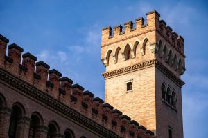 View larger photo: Palacio del Marqués de la Motilla, Sevilla, Spain. Early XX century palace with neogothic influence. Bricks construction over a blue sky.