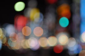 Abstract photo of blurred city lights of a streetscape in Shinjuku, Tokyo.