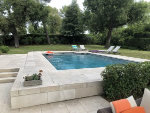 A outdoors swimming pool, grass, bushes and trees in the background