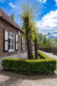 The corner of an old house on the street, with two old trees and a green hedge in the garden. In the background green trees and a blue sky with clouds.