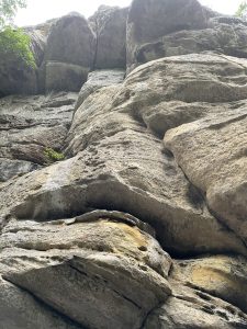 Rocks of a cliff in a forest while looking up to a bright sky