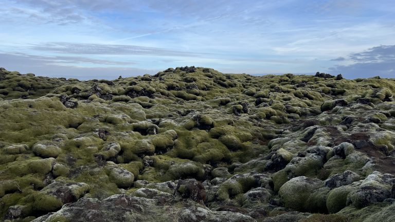 Moss-covered lava fields under blue sky and wispy clouds (Eldhraun Lava Field, Kirkjub?jarklaustur, Iceland)