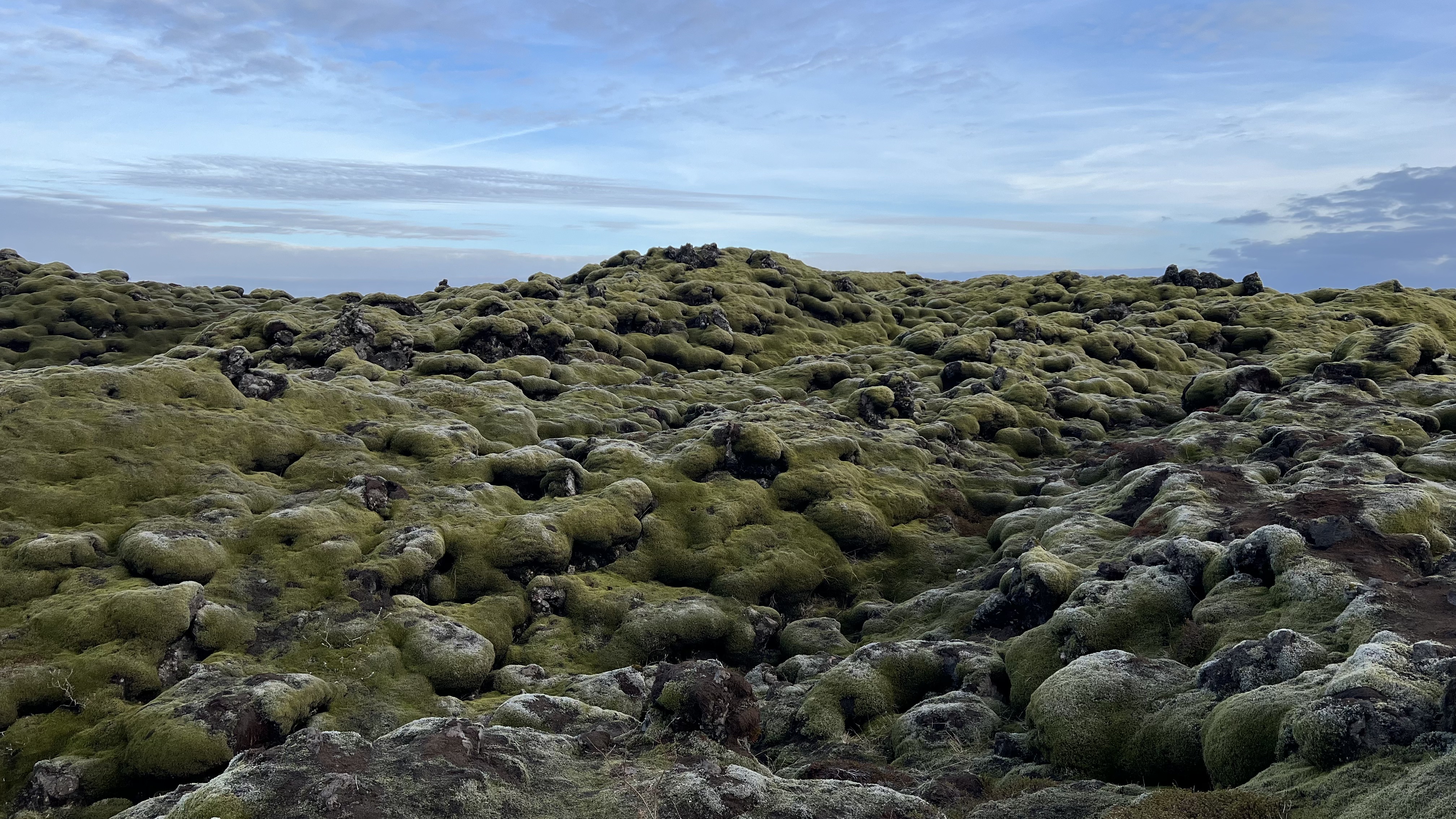 Moss-covered lava fields under blue sky and wispy clouds (Eldhraun Lava Field, Kirkjubæjarklaustur, Iceland)