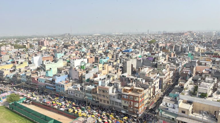 Aerial view of old Delhi, big city with lots of traffic