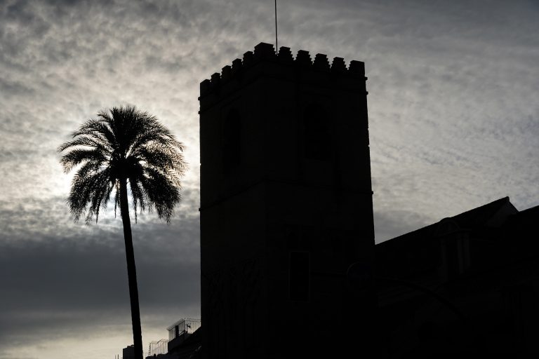 Silhouette of a church and a palm tree outlined against a cloudy sky