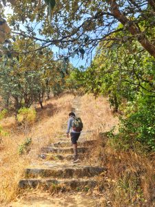 A trekker is walking on the stone stairs while carrying a bag.