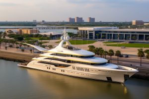 A large luxury yacht moored near a waterfront with a modern building and palm trees in the background, under a clear sky at dusk.