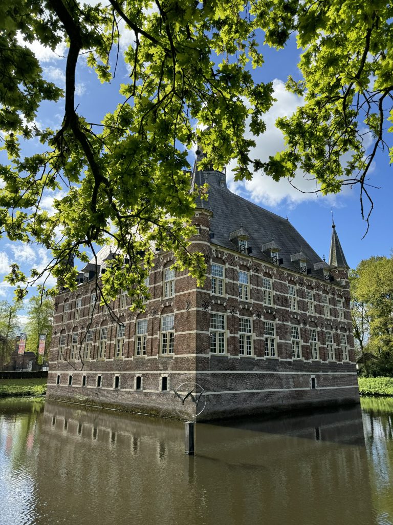 Corner view of a castle in the water with some tree branches in front of it and a blue sky