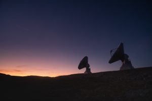 Sunset on the Plateau de Bure and its Interferometers. Human are ready to listen to the Universe. 