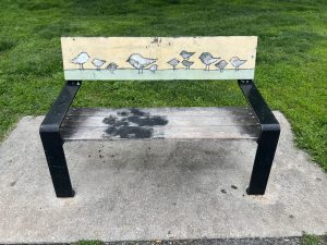 Wood and metal bench with birds painted onto the seat back, located at Patterson Park in Baltimore, Maryland.