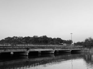 Black and white photo of a concrete bridge over water with metal railings, street lamps, and a line of trees in the background.