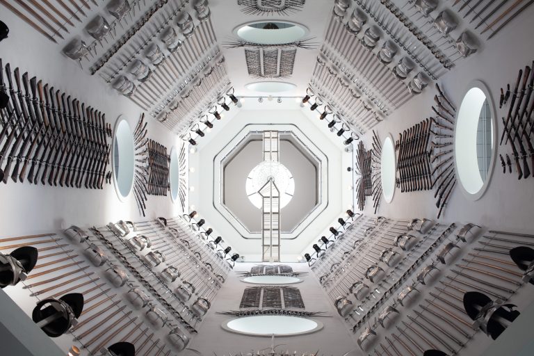 Looking up at Leeds armory with old weaponry