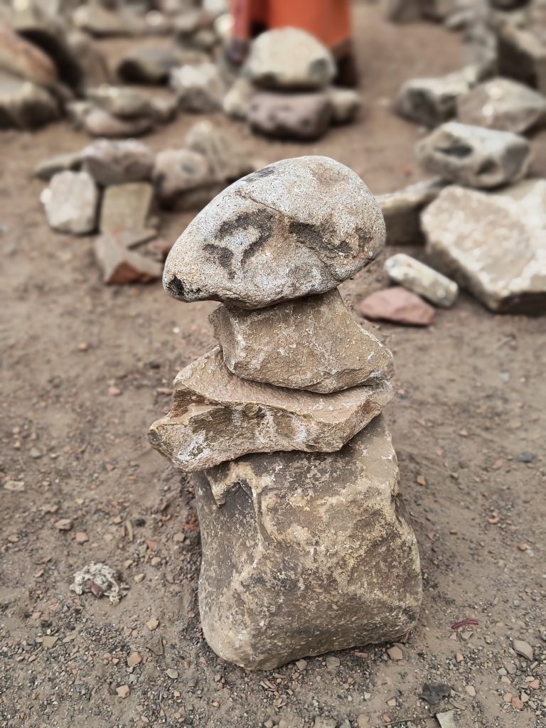 A stack of rocks is arranged on the ground, with other scattered rocks in the background.