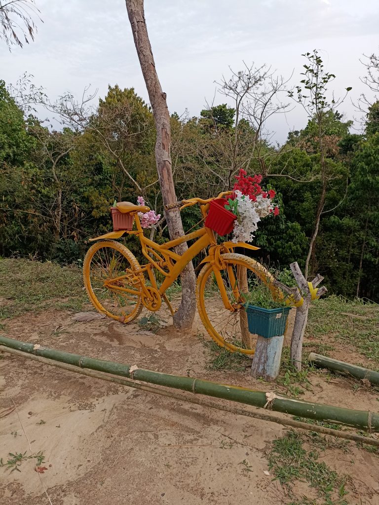 A bicycle repurposed as a flower stand. The bicycle has been painted yellow. Flowers are behind the seat and in a basket on the front.