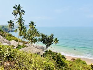 印度果阿帕勒姆海滩的热带海滩海岸线，绿树葱茏，棕榈树葱郁，蓝天白云下碧绿的大海尽收眼底。
