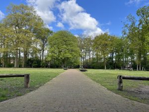 A paved path through the Wijchen Castle’s garden, the Netherlands, blue sky with clouds