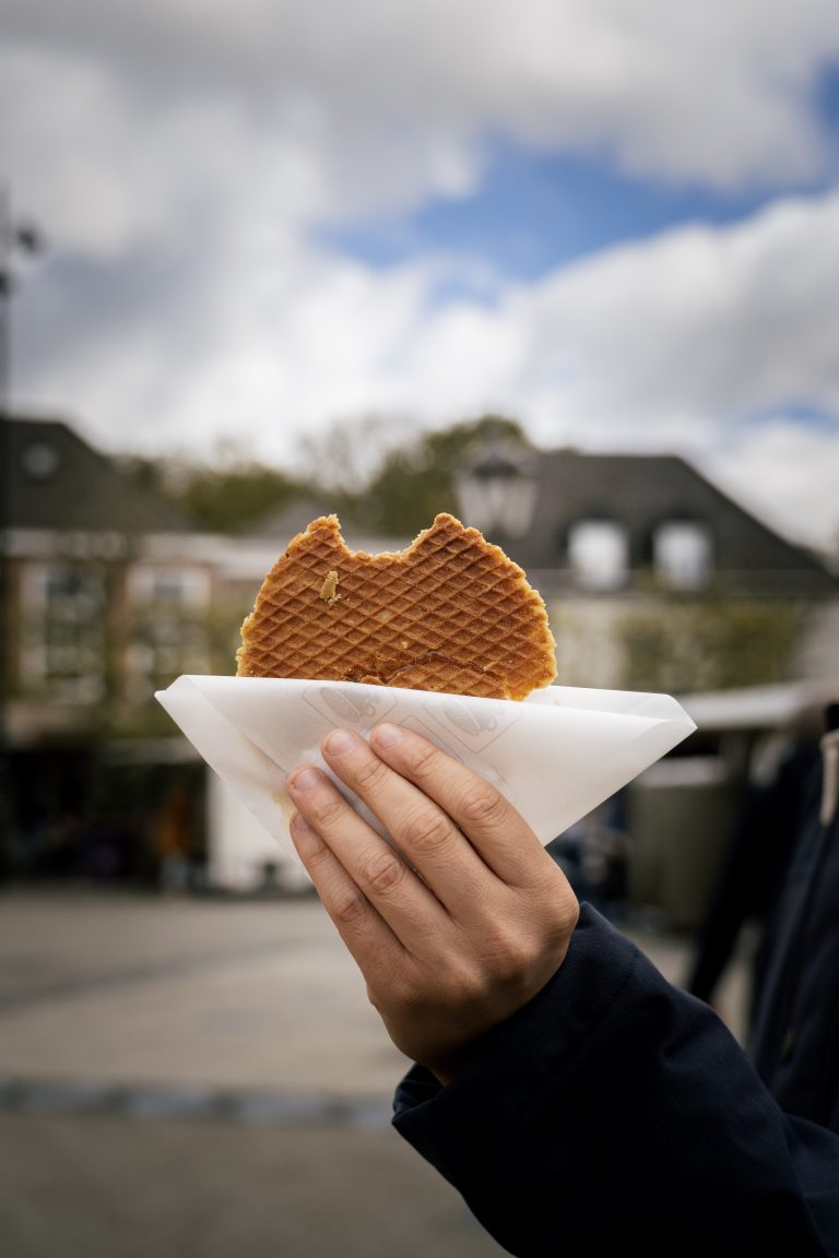 A typical Dutch streetfood, the “Stroopwafel”. A waffle made from two thin, round layers of baked batter with a sweet caramel-like syrup filling in between