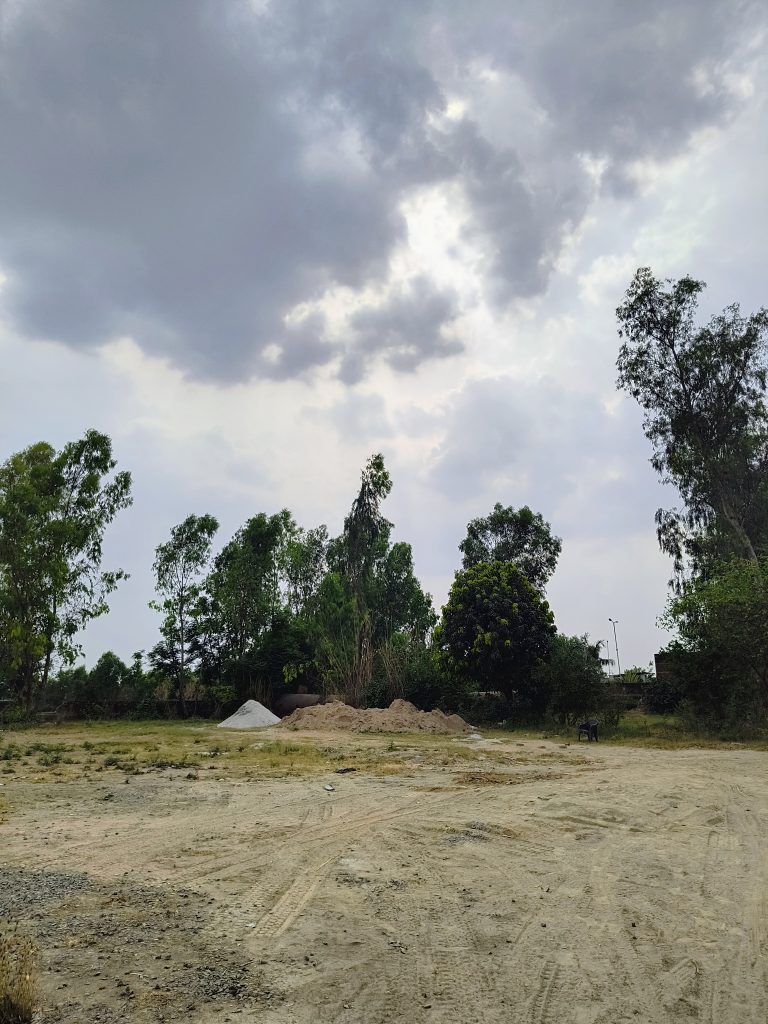 Open field under cloudy sky. Trees and dirt track visible.