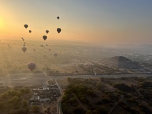 Hot air balloon ride over the pyramids of the Teotihuacan archaeological site, Mexico
