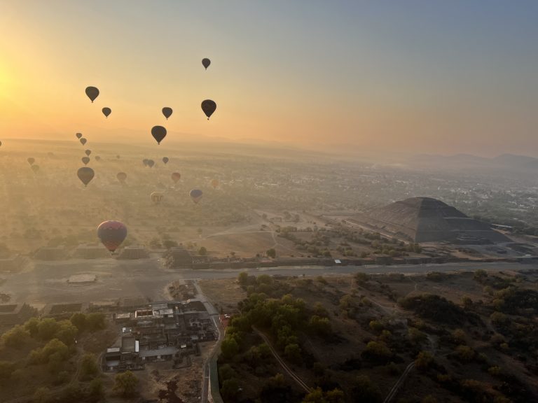 Hot air balloon ride over the pyramids of the Teotihuacan archaeological site, Mexico