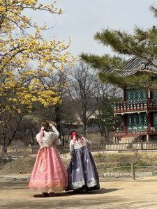 2 girls wearing traditional korean outfits in a palace in seoul