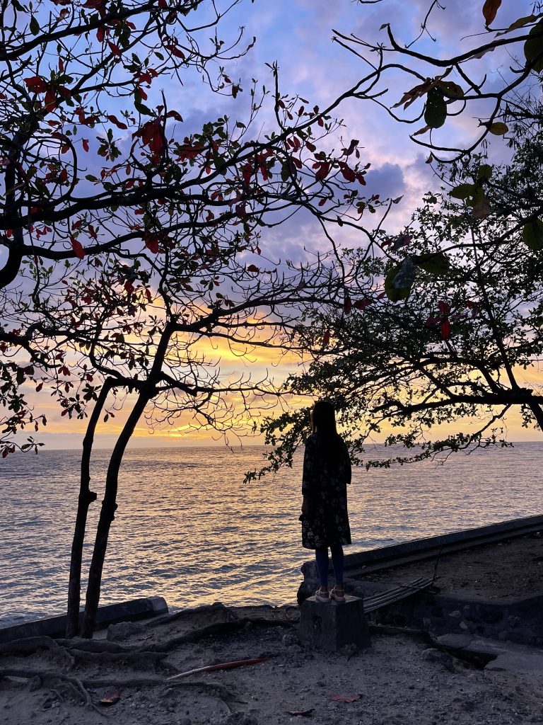 Sunset in a seashore with a woman that taken behind