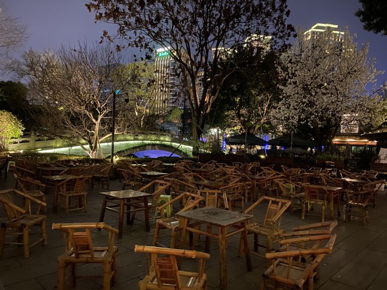 Have a cup of tea and empty bamboo chairs waiting for people to arrive.