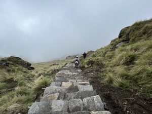 两名徒步旅行者沿着一条石路走下，穿过长满青草的山区，在卡斯基的胡迈达达附近，景色笼罩在雾霭之中