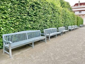 Empty Benches in the park. From Waldstein Garden, Prague, Czech Republic. 