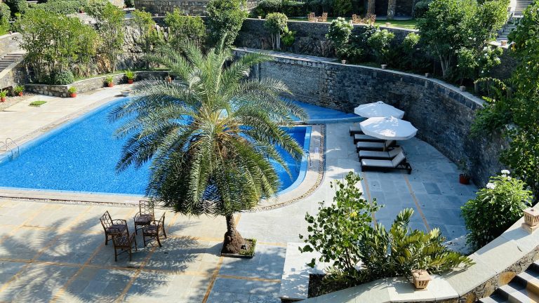 A luxurious outdoor pool area with clear blue water, surrounded by a stone-paved deck and lush greenery. Lounge chairs with white umbrellas are positioned to the right, and a palm tree stands prominently in the center.