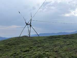 A makeshift swing made of tree branches stands on a grassy hillside with mountains in the background under a cloudy sky. A line of prayer flags extends from the structure.