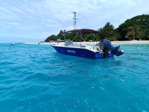 A blue motorboat floating on the clear turquoise waters in Maldives near a sandy beach with tropical foliage in the background.